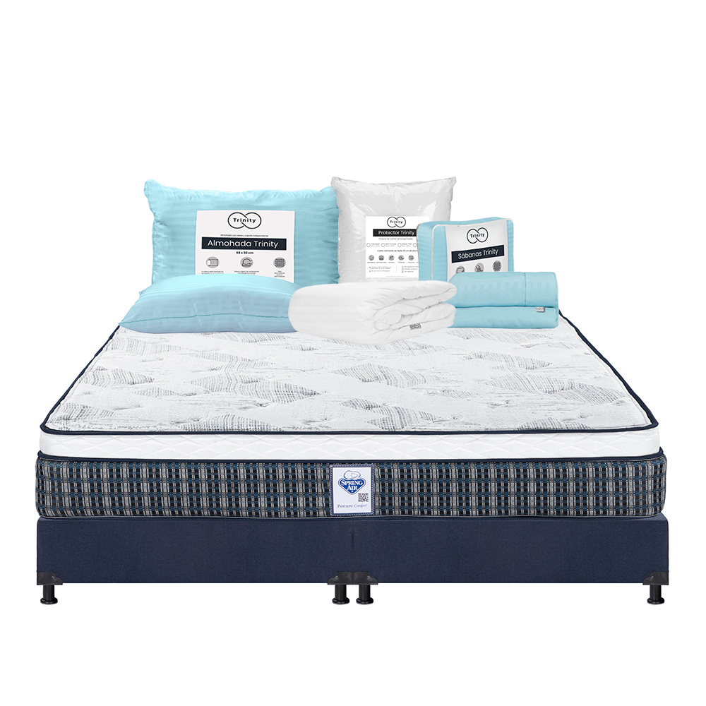 Colchón Spring Air Cardona + Box Dicasa Color Azul King Size + Almohada Trinity + Protector Trinity + Sábanas Trinity