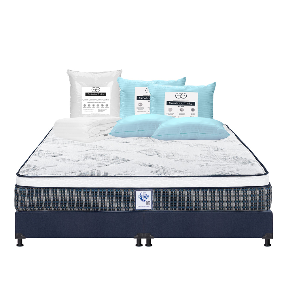 Colchón Spring Air Cardona + Box Dicasa Color Azul King Size + 2 Almohadas Trinity + Protector Trinity