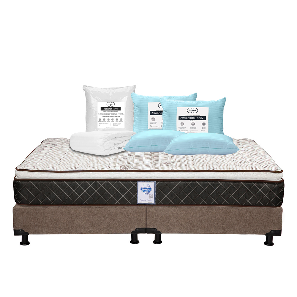 Colchón Spring Air Minesota + Box Dicasa Color Café King Size + 2 Almohadas Trinity + Protector Trinity