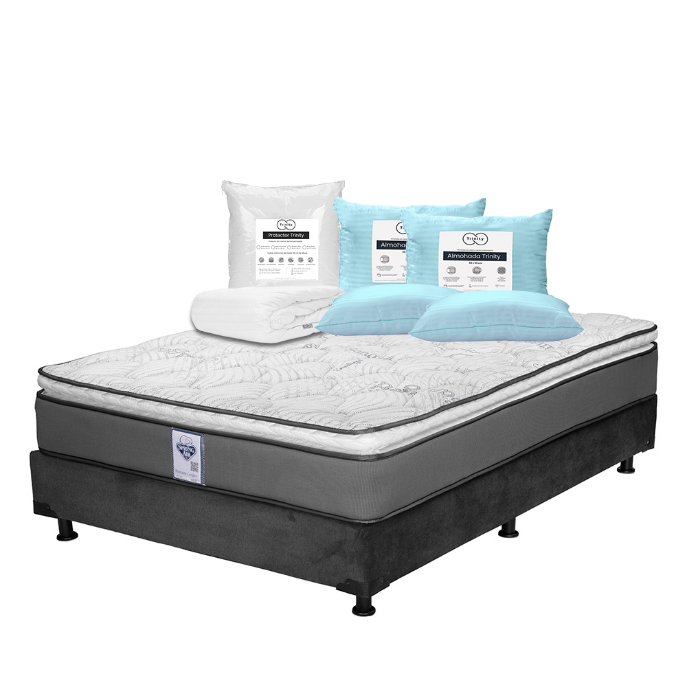 Colchón Spring Air Prestige + Box Dicasa Color Gris Matrimonial + 2 Almohadas Trinity + Protector Trinity