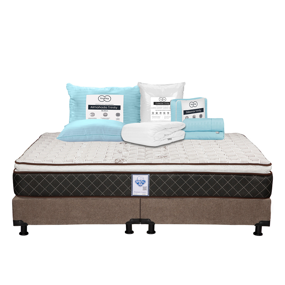 Colchón Spring Air Minesota + Box Dicasa Color Café King Size + Almohada Trinity + Protector Trinity + Sábanas Trinity