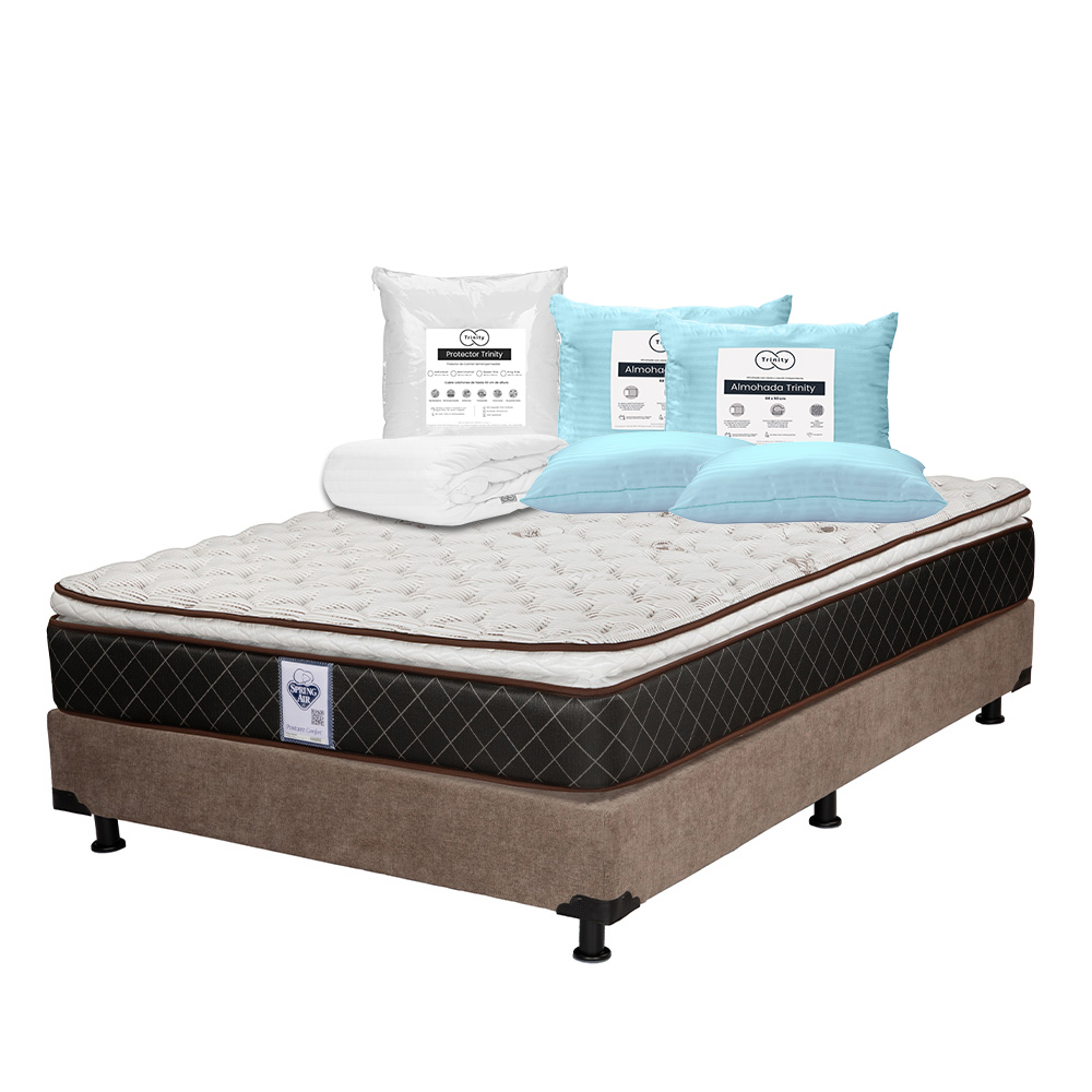 Colchón Spring Air Minesota + Box Dicasa Color Café Queen Size + 2 Almohadas Trinity + Protector Trinity