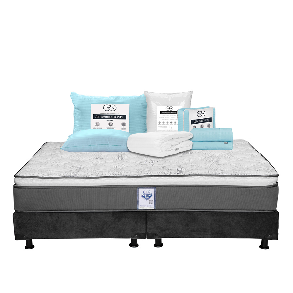 Colchón Spring Air Prestige + Box Dicasa Color Gris King Size + Almohada Trinity + Protector Trinity + Sábanas Trinity