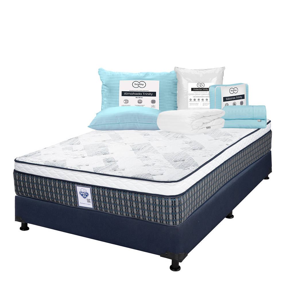 Colchón Spring Air Cardona + Box Dicasa Color Azul Queen Size + Almohada Trinity + Protector Trinity + Sábanas Trinity