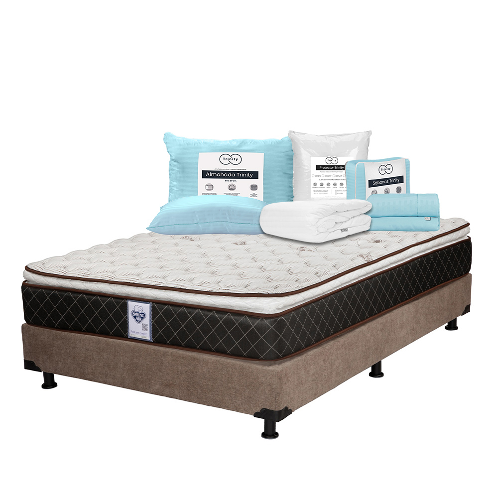 Colchón Spring Air Minesota + Box Dicasa Color Café Individual + Almohada Trinity + Protector Trinity + Sábanas Trinit