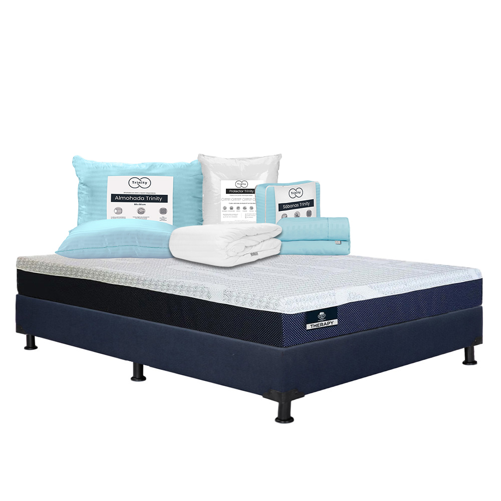 Colchón Spring Air Therapy + Box Dicasa Color Azul Queen Size + Almohada Trinity + Protector Trinity + Sábanas Trinity