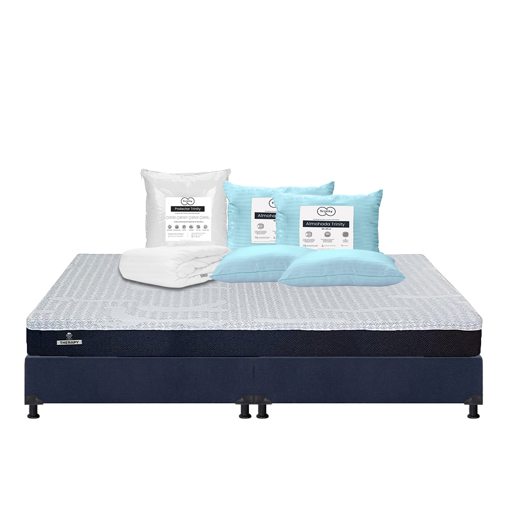 Colchón Spring Air Therapy + Box Dicasa Color Azul King Size + 2 Almohadas Trinity + Protector Trinity