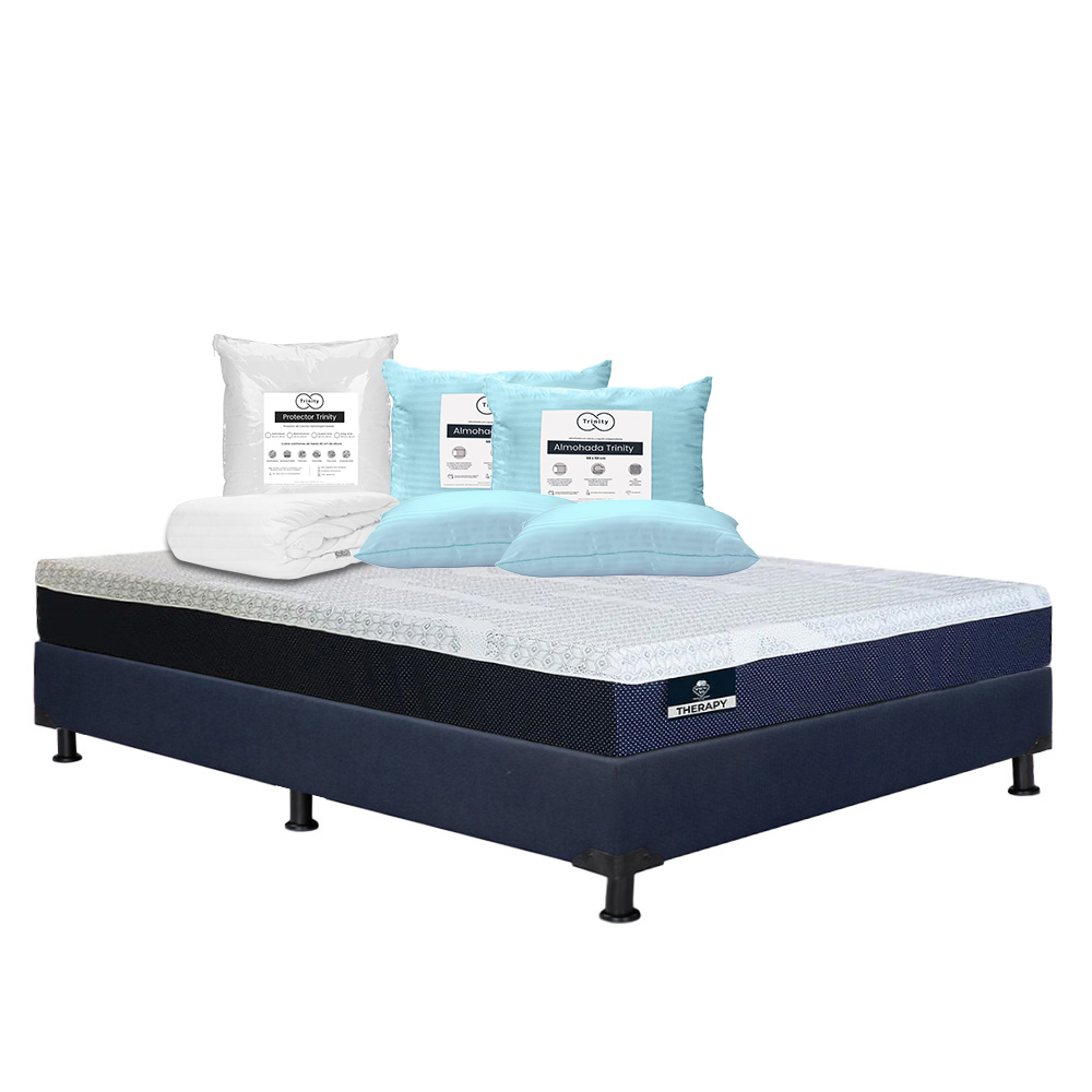 Colchón Spring Air Therapy + Box Dicasa Color Azul Queen Size + 2 Almohadas Trinity + Protector Trinity