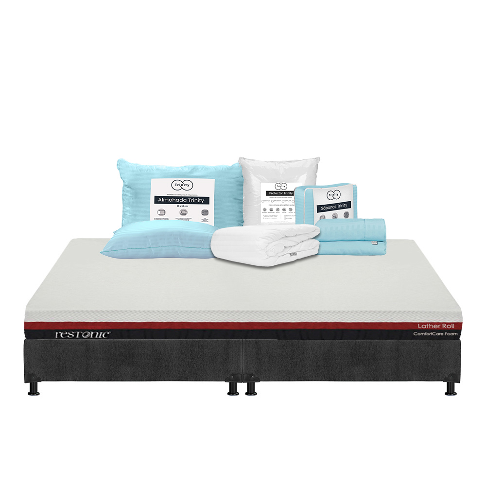 Colchón Restonic Roll + Box Dicasa Color Gris King Size + Almohada Trinity + Protector Trinity + Sábanas Trinity