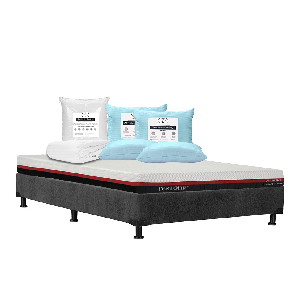 Colchón Restonic Roll + Box Dicasa Color Gris Queen Size + 2 Almohadas Trinity + Protector Trinity