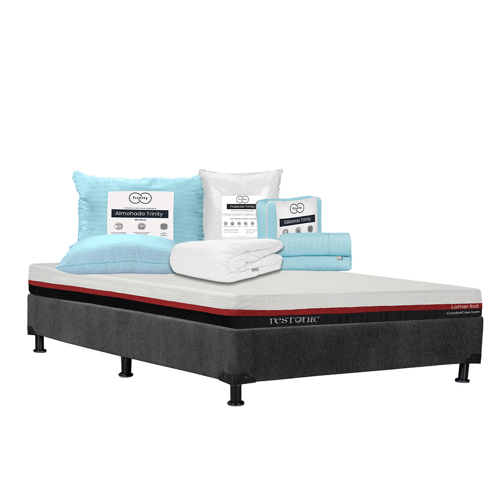 Colchón Restonic Roll + Box Dicasa Color Gris Queen Size + Almohada Trinity + Protector Trinity + Sábanas Trinity