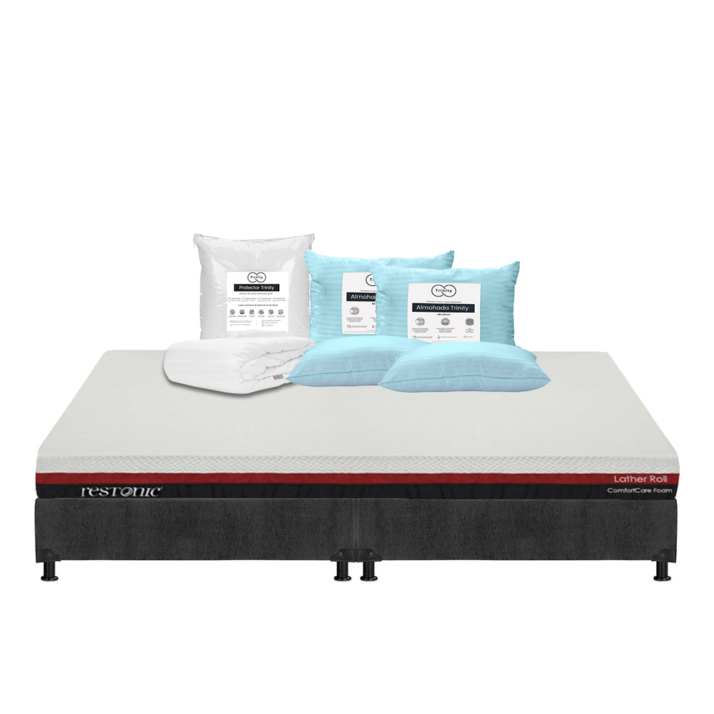 Colchón Restonic Roll + Box Dicasa Color Gris King Size + 2 Almohadas Trinity + Protector Trinity