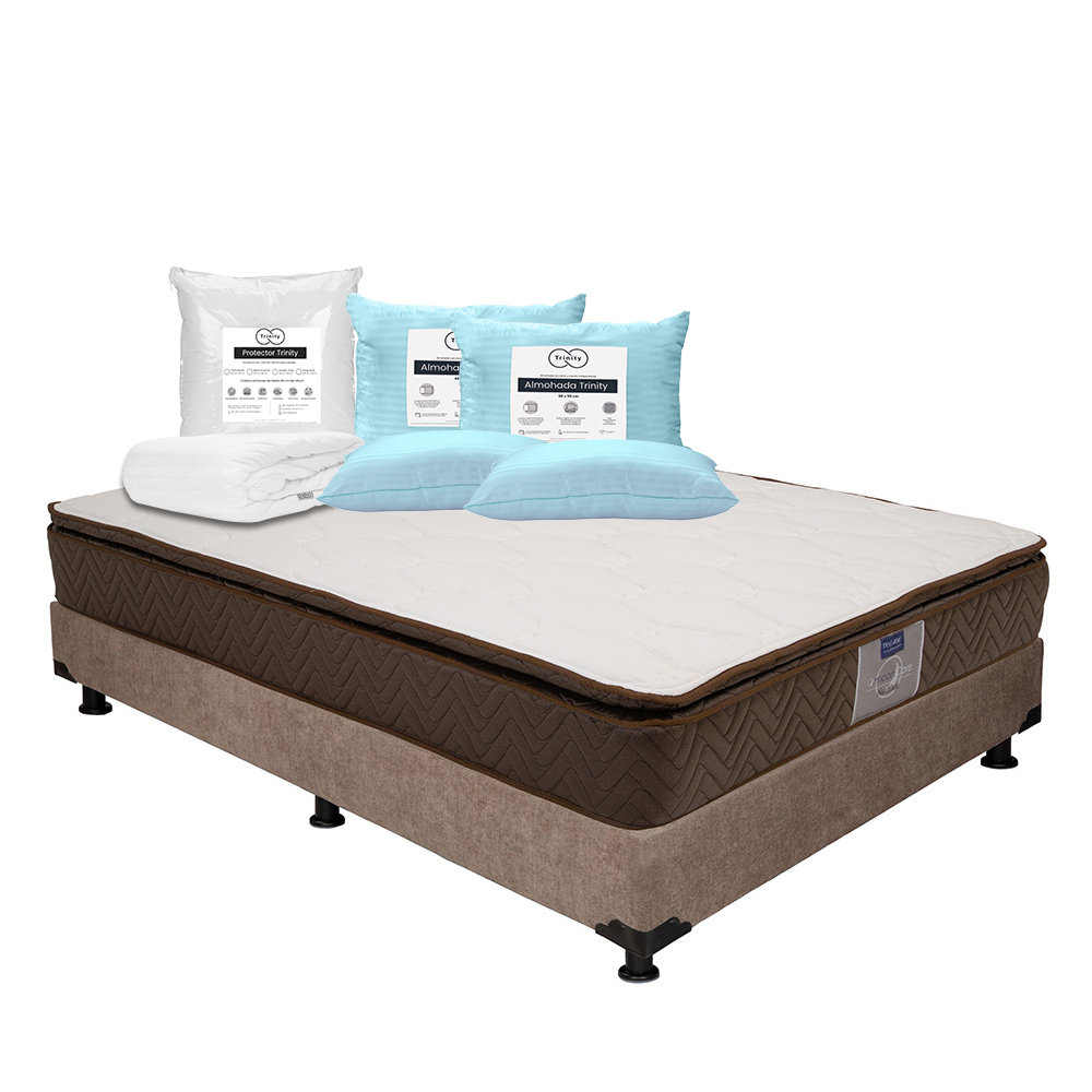 Colchón Restonic Nautilus + Box Dicasa Café Matrimonial + 2 Almohadas Trinity + Protector Trinity