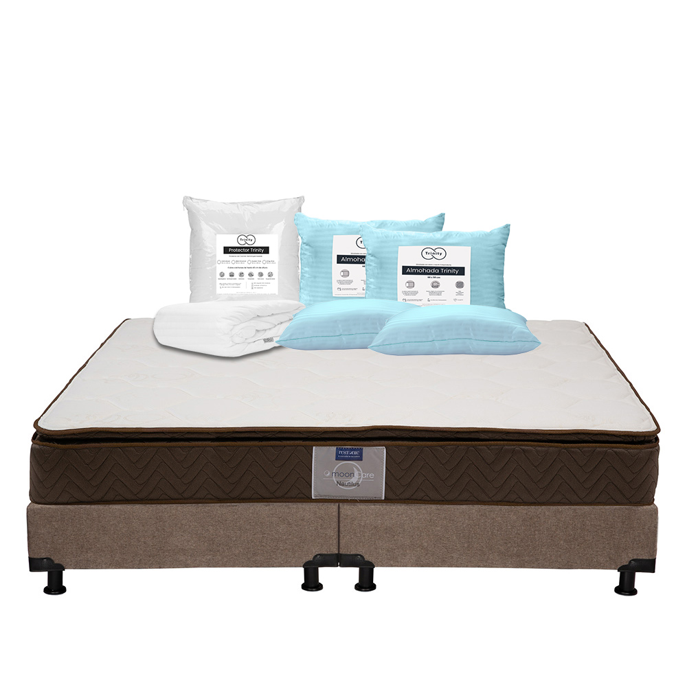Colchón Restonic Nautilus + Box Dicasa Café King Size + 2 Almohadas Trinity + Protector Trinity