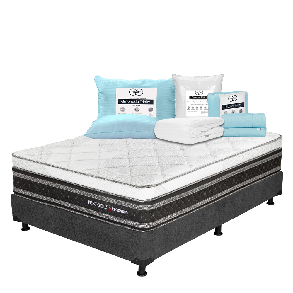 Foto 1 | Colchón Restonic Ergosum + Box Dicasa Gris Queen Size + Almohada Trinity + Protector Trinity + Sábanas Trinity
