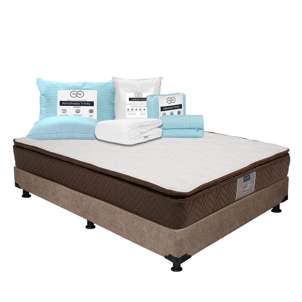 Colchón Restonic Nautilus + Box Dicasa Café Matrimonial + Almohada Trinity + Protector Trinity + Sábanas Trinity