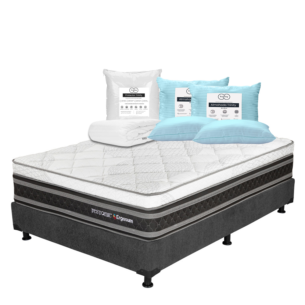 Foto 1 | Colchón Restonic Ergosum + Box Dicasa Gris Queen Size + 2 Almohadas Trinity + Protector Trinity