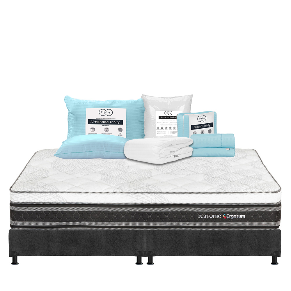 Colchón Restonic Ergosum + Box Dicasa Gris King Size + Almohada Trinity + Protector Trinity + Sábanas Trinity