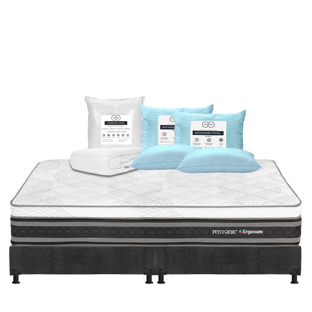 Foto 1 | Colchón Restonic Ergosum + Box Dicasa Gris King Size + 2 Almohadas Trinity + Protector Trinity