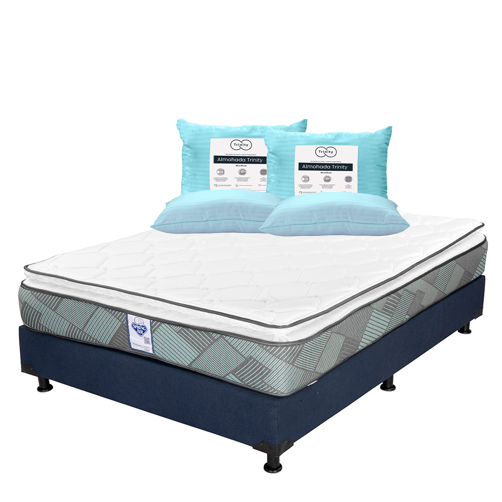 Colchón Spring Air Baggio + Box Dicasa Azul Matrimonial + 2 Almohadas Trinity