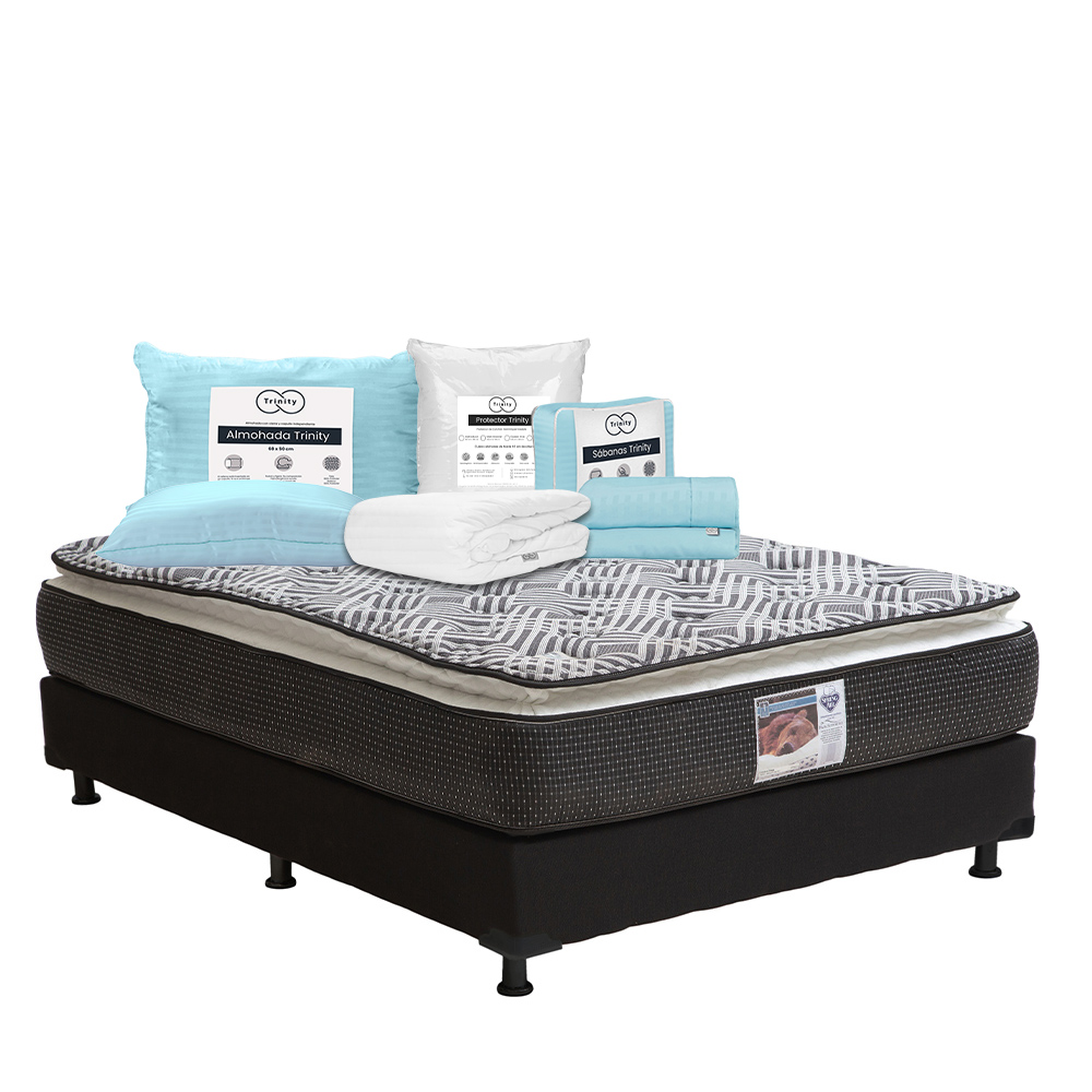 Foto 1 | Colchón Spring Air Omega + Box Dicasa Negro Matrimonial + Almohada Trinity + Protector Trinity + Sábanas Trinity