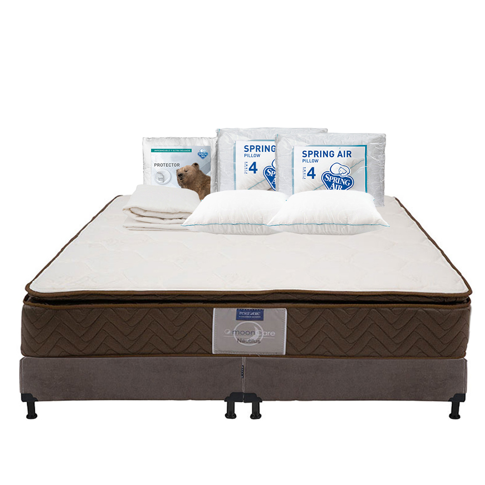 Colchón Restonic Nautilus + Box Dicasa Chocolate King Size + 2 Almohadas Osos + Protector Ultra