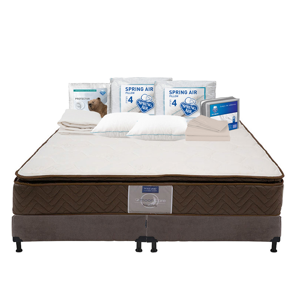 Colchón Restonic Nautilus + Box Dicasa Color Chocolate King Size + 2 Almohadas Osos + Protector Ultra + Sábanas Basic