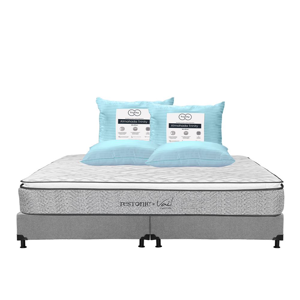 Colchón Restonic Vail + Box Dicasa Gris King Size + 2 Almohadas Trinity