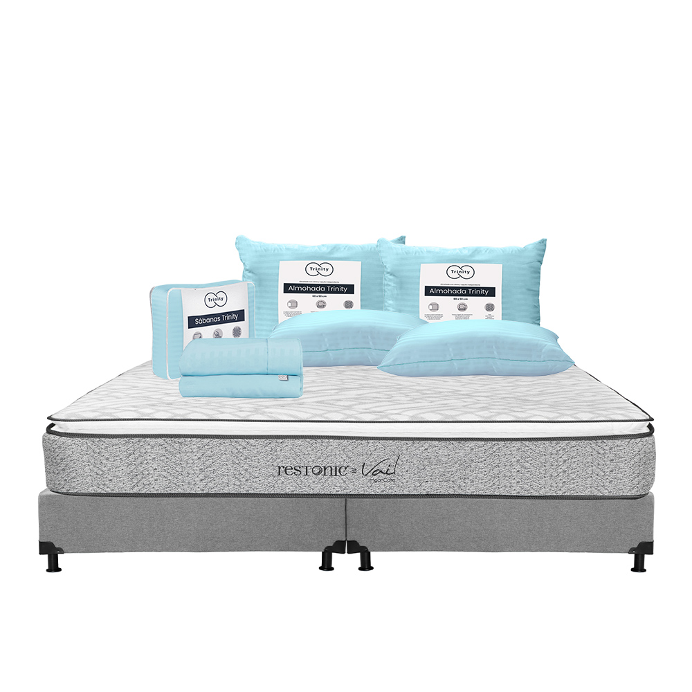 Colchón Restonic Vail + Box Dicasa Gris King Size + 2 Almohadas Trinity Sábanas Trinity