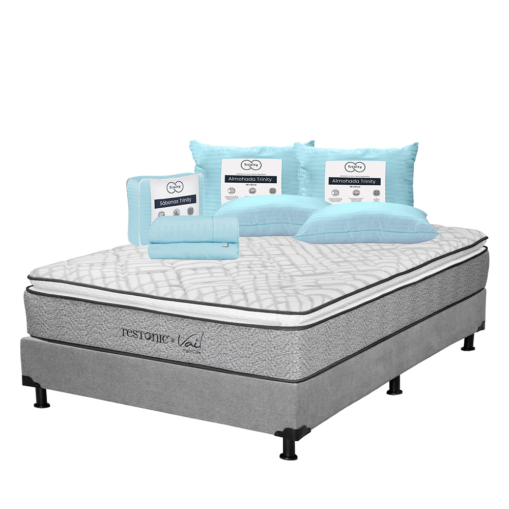 Colchón Restonic Vail + Box Dicasa Gris Queen Size + 2 Almohadas Trinity + Sábanas Trinity