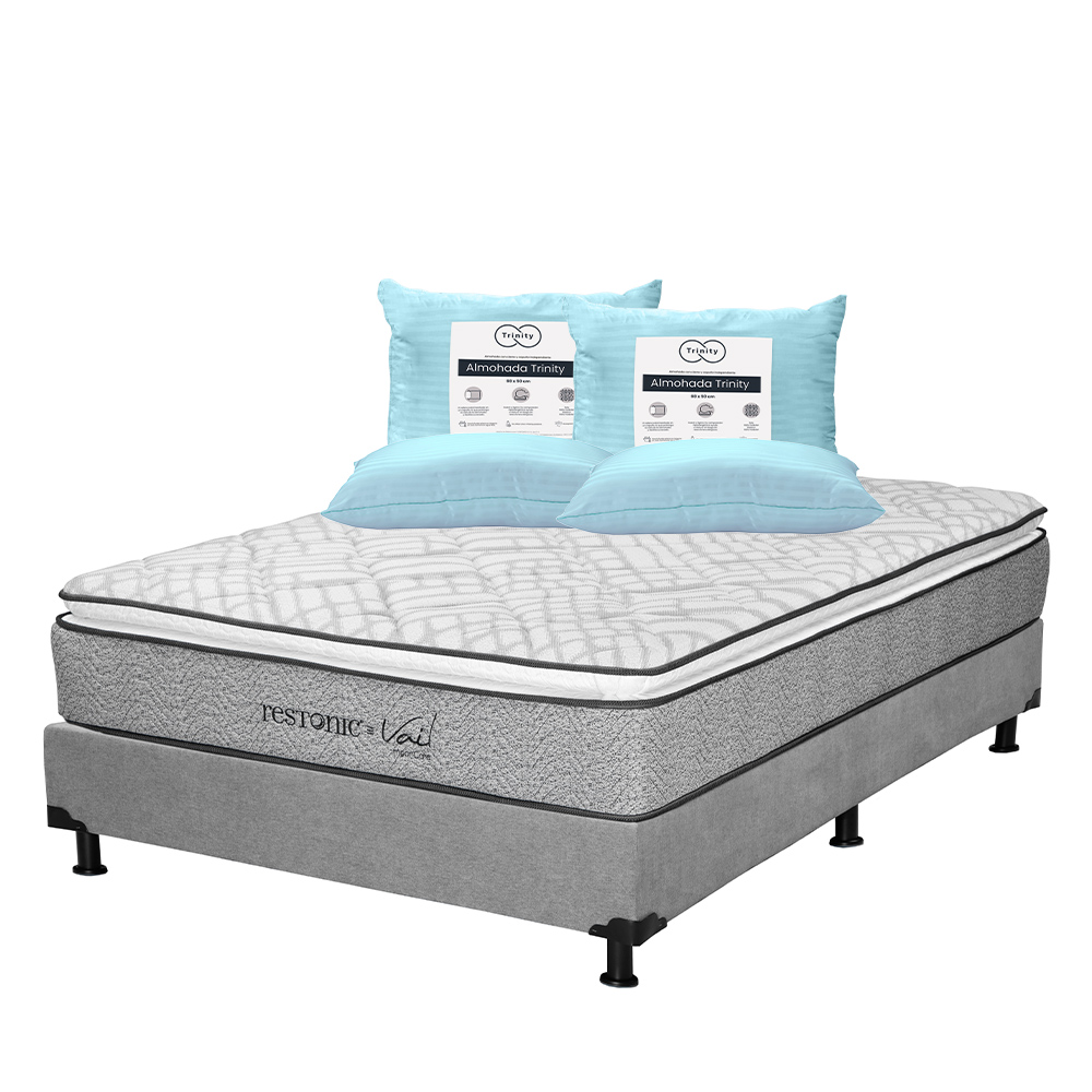 Foto 1 | Colchón Restonic Vail + Box Dicasa Gris Queen Size + 2 Almohadas Trinity