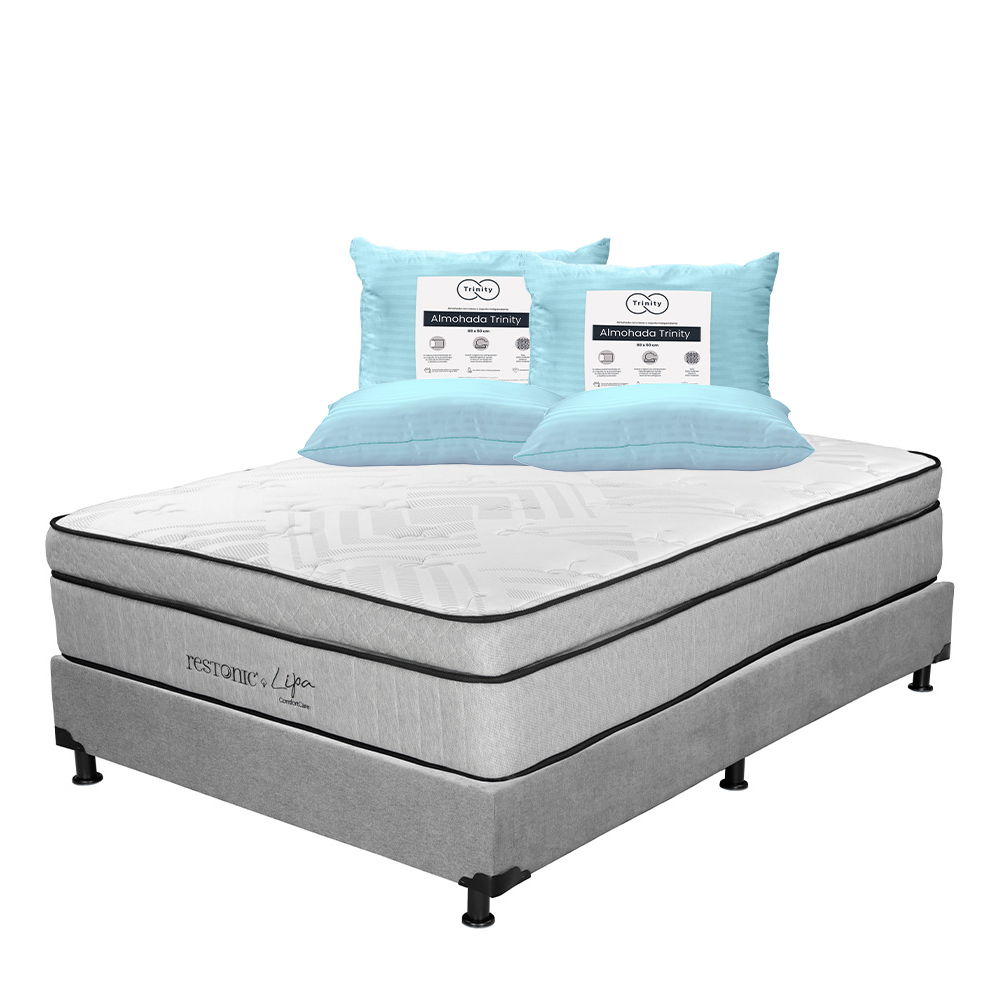 Colchón Restonic Lipa + Box Dicasa Color Gris Queen Size + 2 Almohadas Trinity