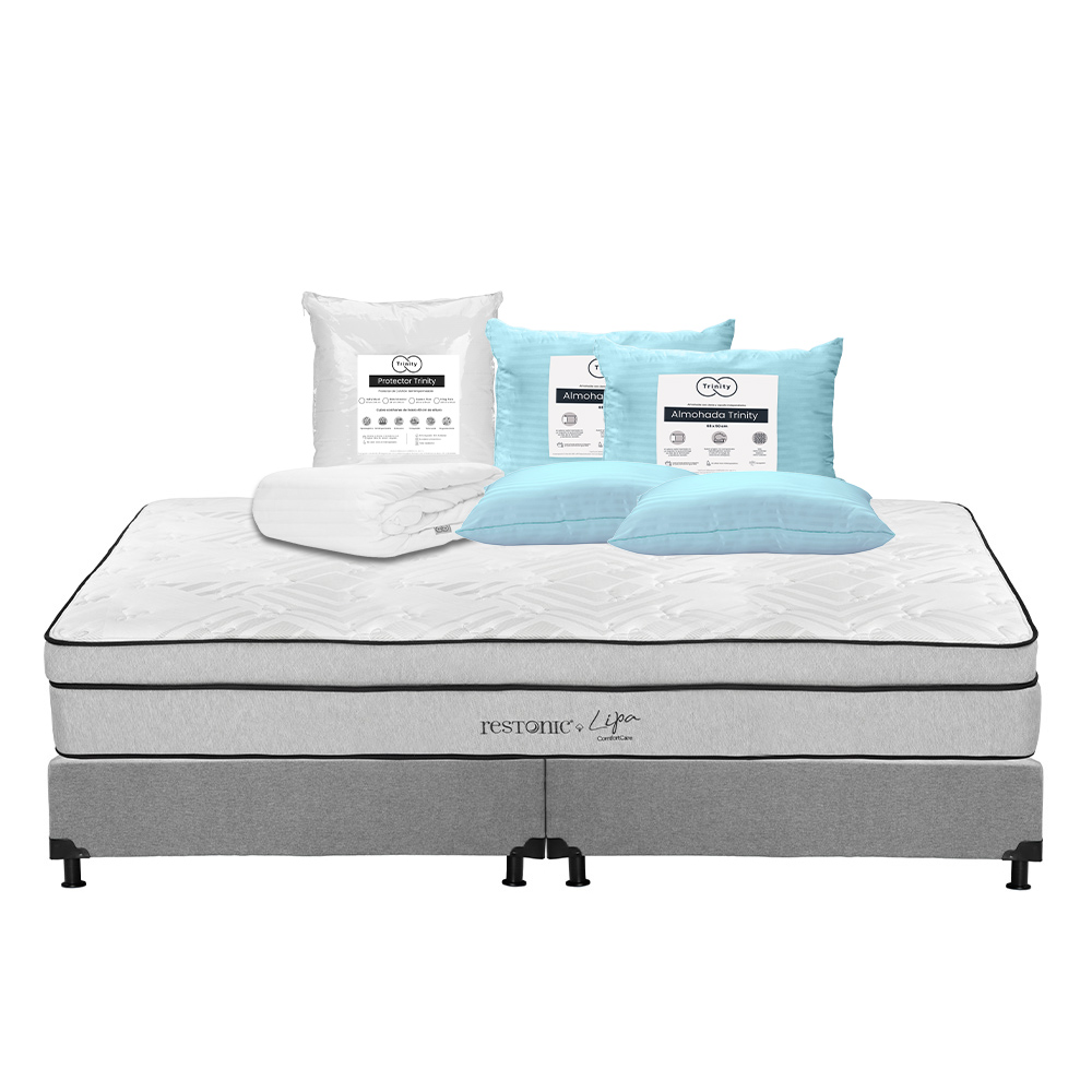 Colchón Restonic Lipa + Box Dicasa Color Gris King Size + 2 Almohadas Trinity + Protector Trinity