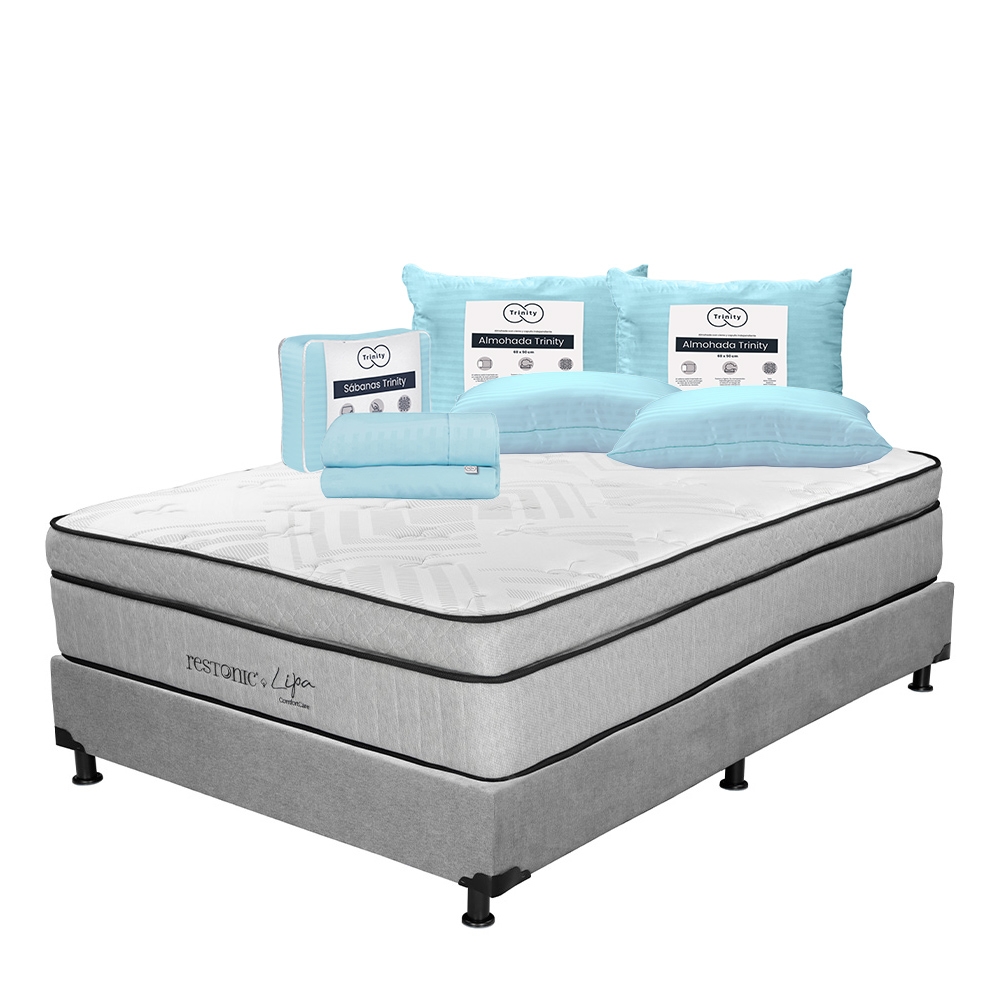 Colchón Restonic Lipa + Box Dicasa Color Gris Queen Size + 2 Almohadas Trinity + Sábanas Trinity