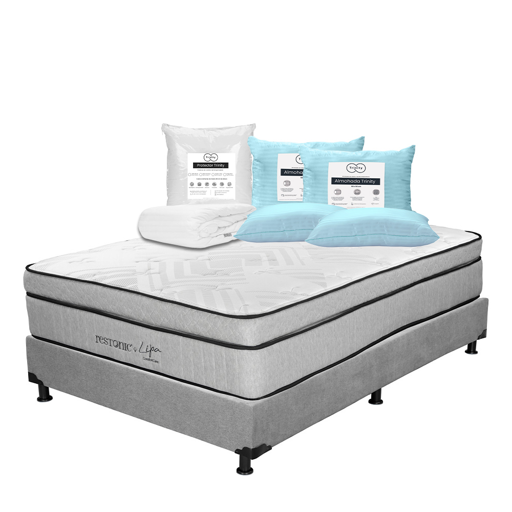 Colchón Restonic Lipa + Box Dicasa Color Gris Queen Size + 2 Almohadas Trinity + Protector Trinity