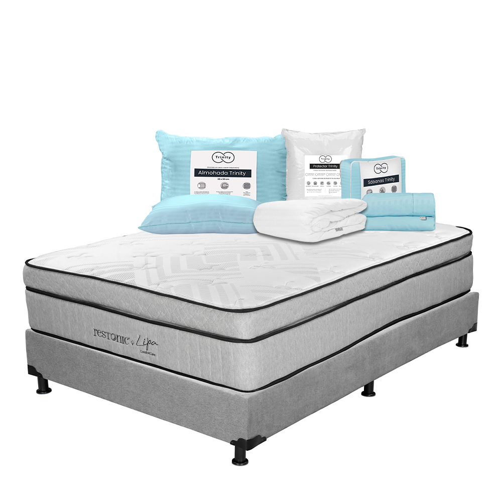 Colchón Restonic Lipa + Box Dicasa Gris Queen Size + Almohada Trinity + Protector Trinity + Sábanas Trinity