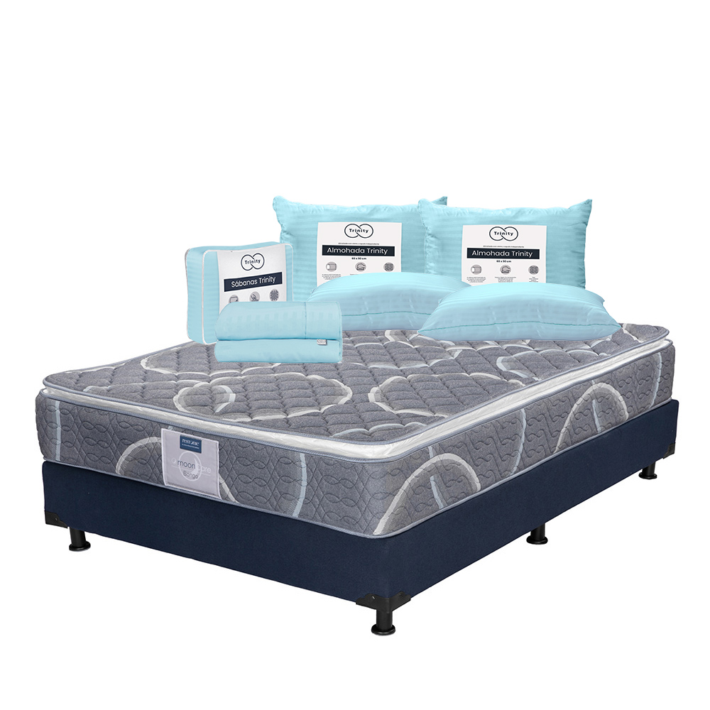 Colchón Restonic Bongo + Box Dicasa Azul Matrimonial + 2 Almohadas Trinity + Sábanas Trinity