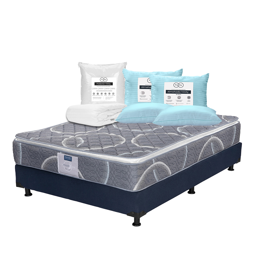Colchón Restonic Bongo + Box Dicasa Azul Queen Size + 2 Almohadas Trinity + Protector Trinity