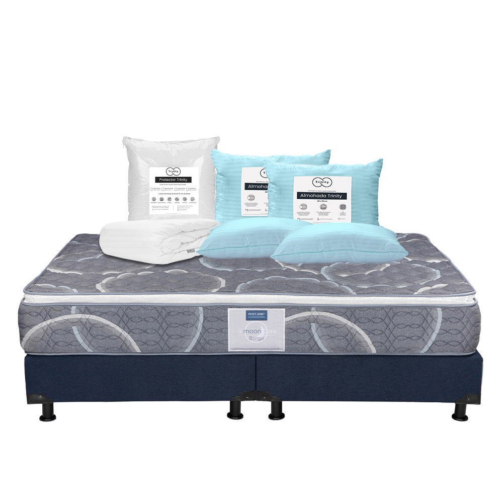 Colchón Restonic Bongo + Box Dicasa Azul King Size + 2 Almohadas Trinity + Protector Trinity