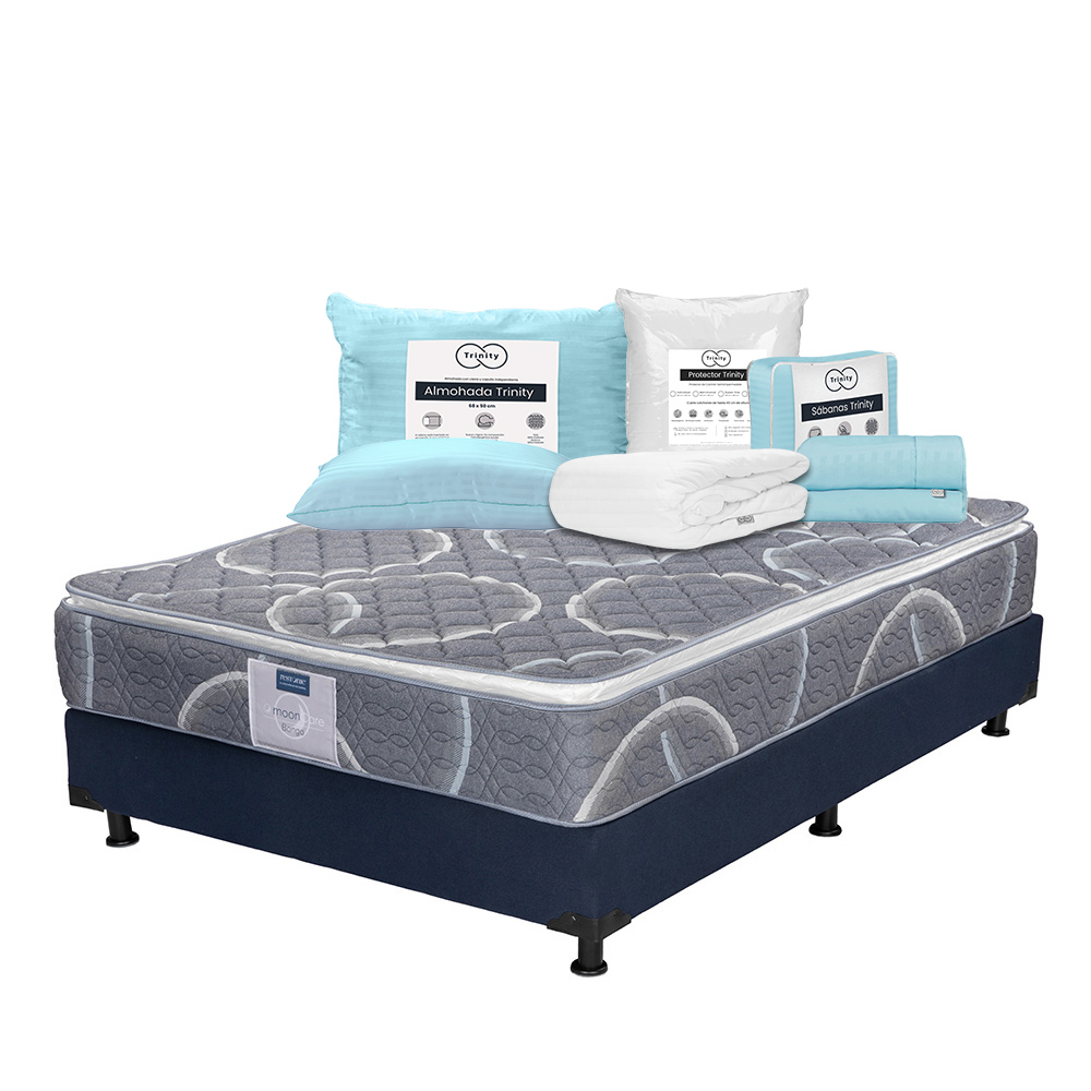 Colchón Restonic Bongo + Box Dicasa Azul Queen Size + Almohada Trinity + Protector Trinity + Sábanas Trinity