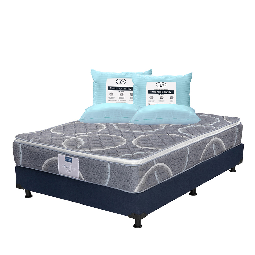 Colchón Restonic Bongo + Box Dicasa Azul Matrimonial + 2 Almohadas Trinity
