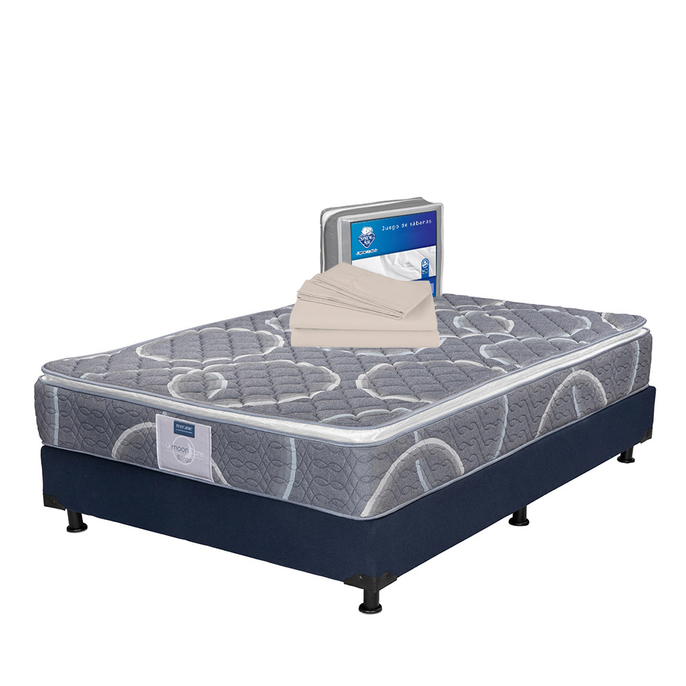Colchón Restonic Bongo + Box Dicasa Azul Matrimonial + Sábanas Basic