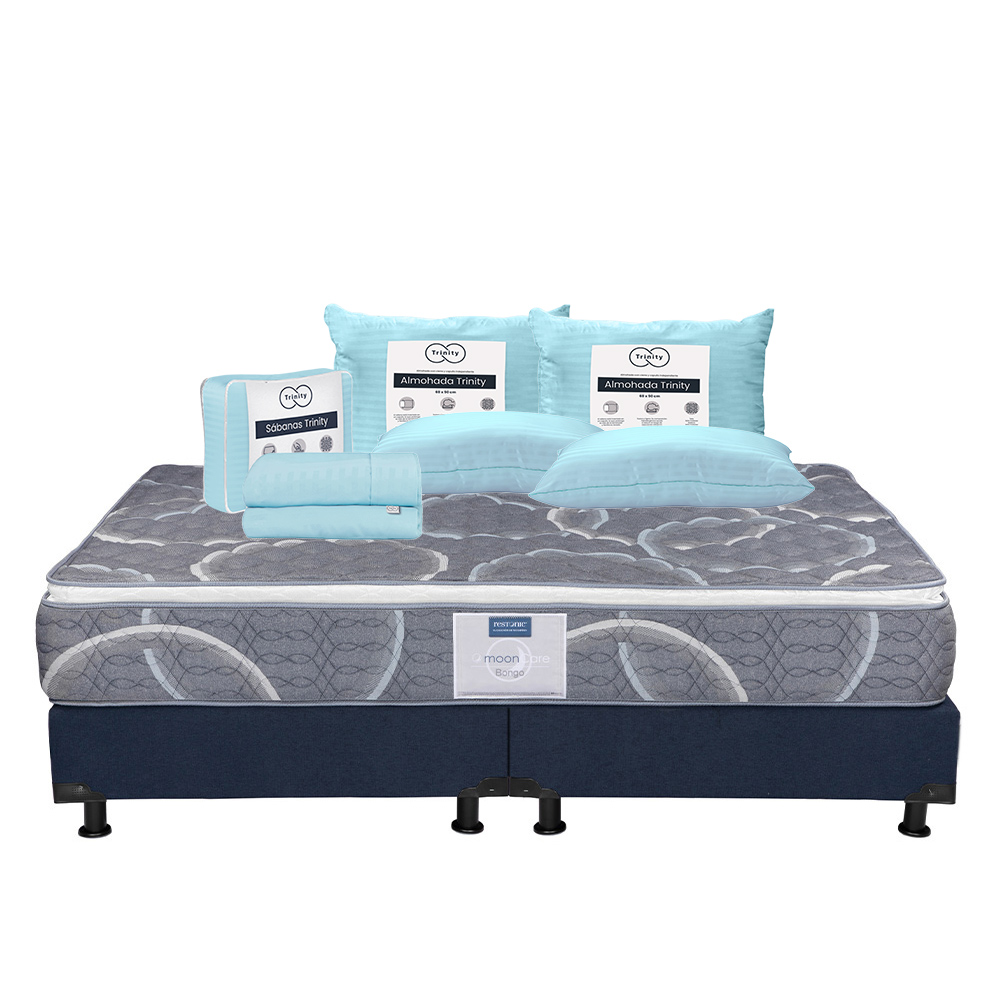 Colchón Restonic Bongo + Box Dicasa Azul King Size + 2 Almohadas Trinity + Sábanas Trinity