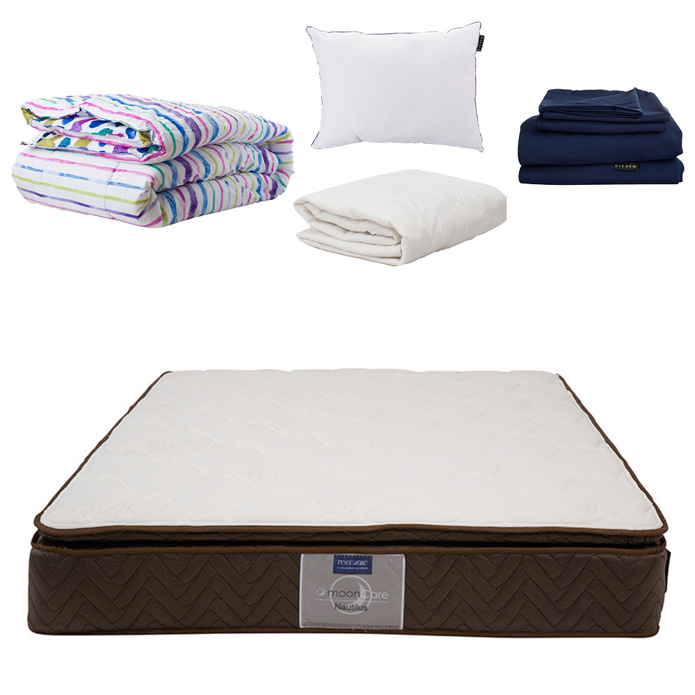 Colchón Restonic Nautilus Matrimonial + Almohada One + Sábanas Softy + Protector de Colchón + Edredón