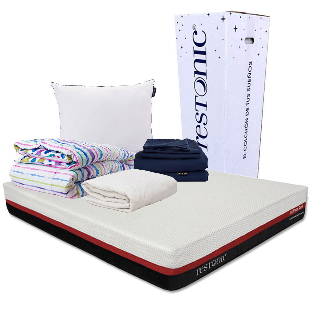 Colchón en Caja Restonic Roll Individual + Almohada  One + Protector de Colchón + Sábanas Softy + Edredón