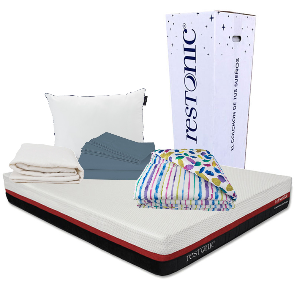 Colchón en Caja Restonic Roll Queen Size + Almohada One + Protector de Colchón + Sábanas + Edredón