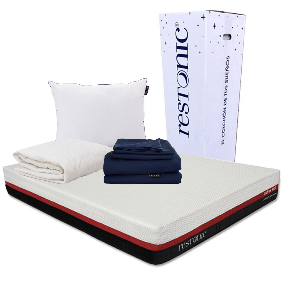 Colchón en Caja Restonic Roll Matrimonial + Almohada One + Protector de Colchón + Sábanas Softy