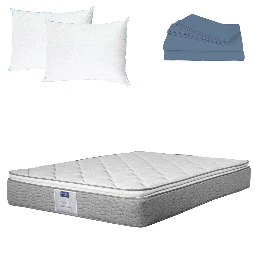 Colchón Restonic Cupra Color Blanco Queen Size + 2 Almohadas Osos + Sábanas Soft Sensation