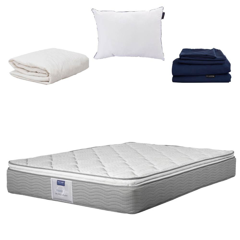 Colchón Restonic Cupra Color Blanco Matrimonial + Almohada One + Protector + Sábanas Softy