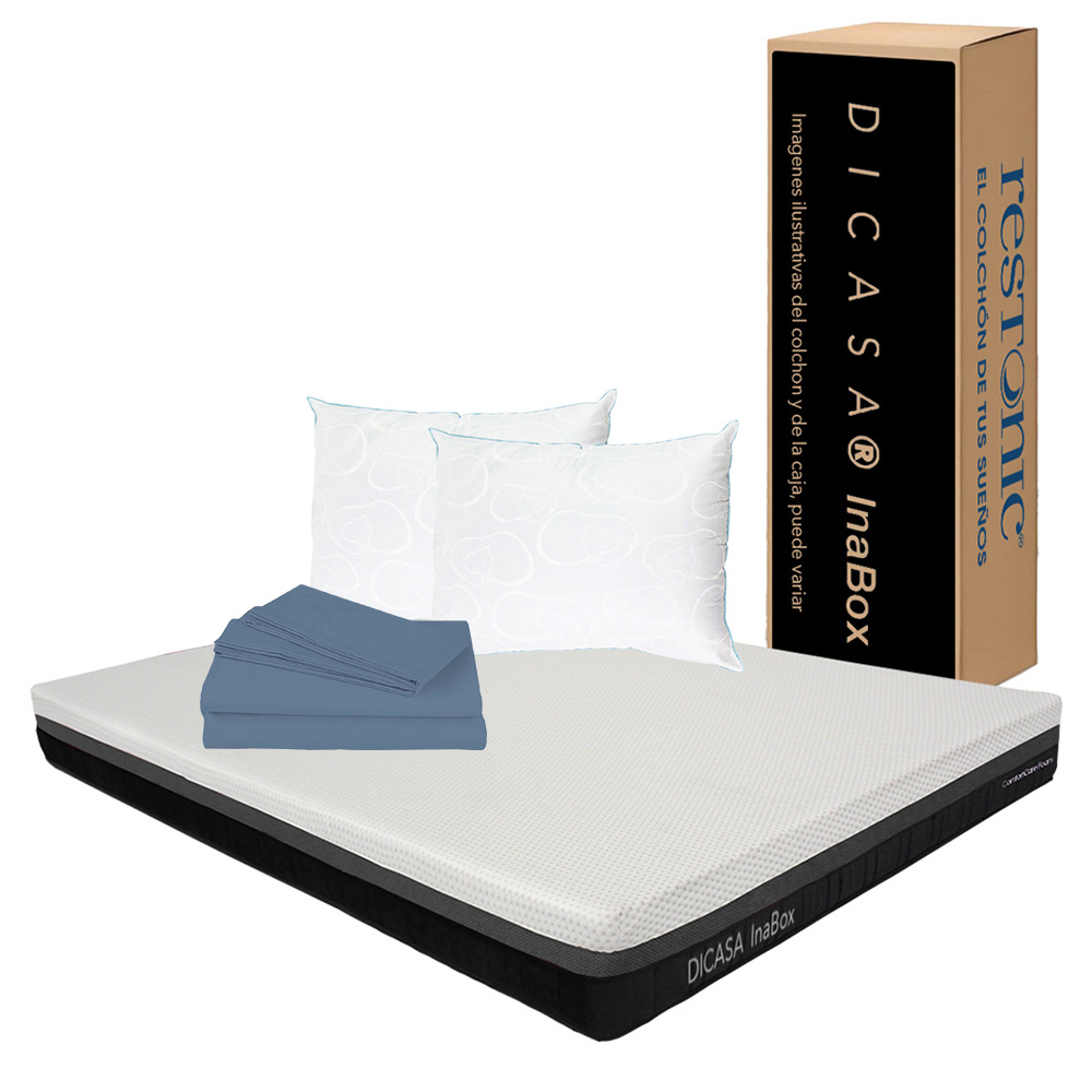 Colchón Dicasa Inabox Blanco Queen Size + 2 Almohadas Osos + Sábanas